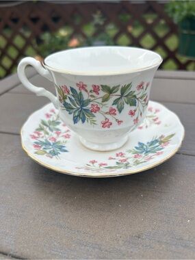 Vintage Queen Anne Bone China Tea Cup and Saucer Pink Floral Green & Blue
